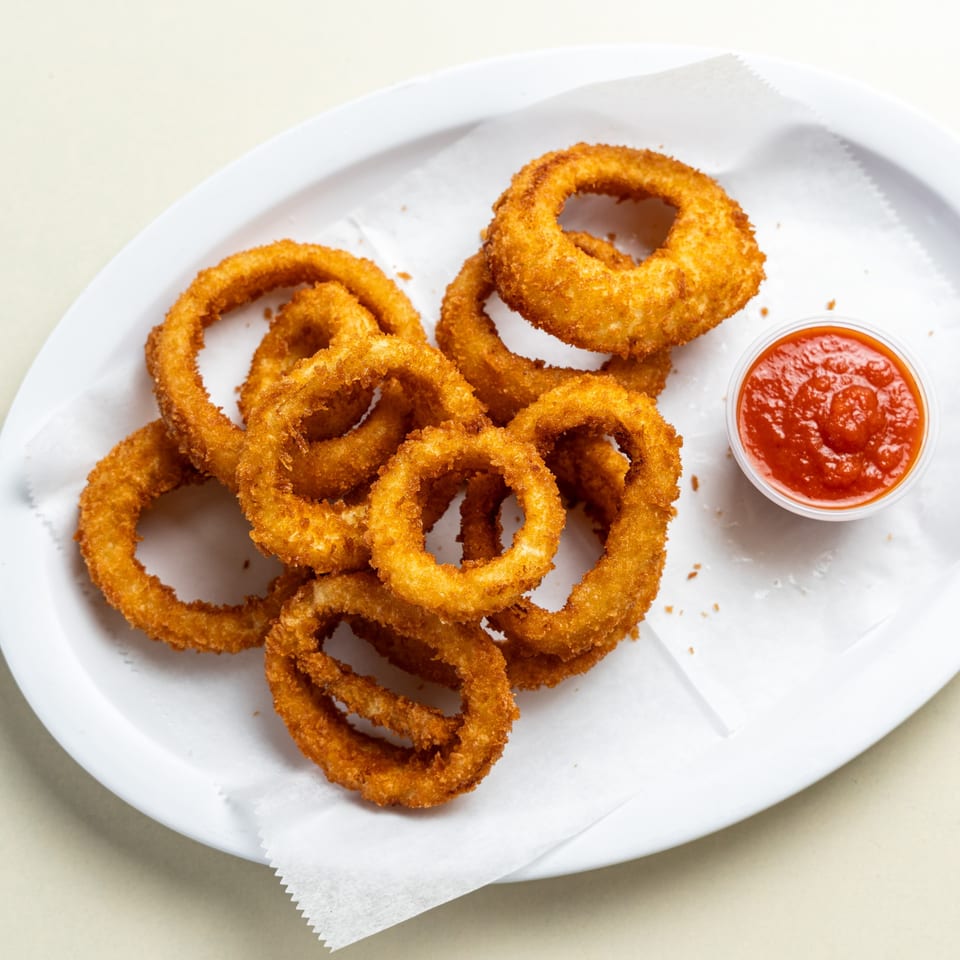 A white platter of golden-brown onion rings with a side of red marinara sauce.