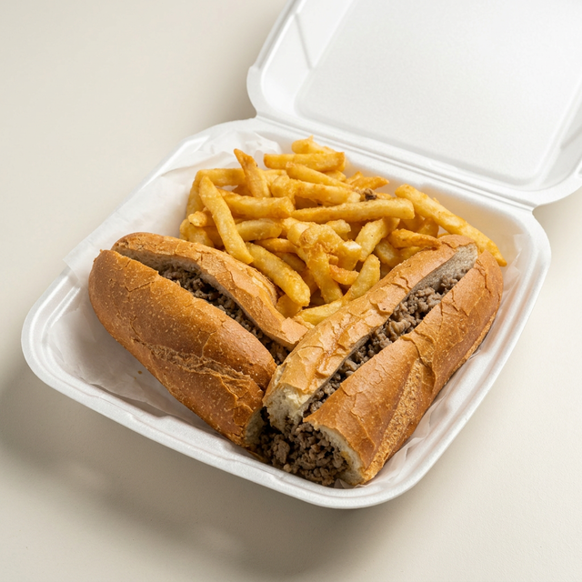 Cheesesteak, Fries, and Can of Soda or Water.